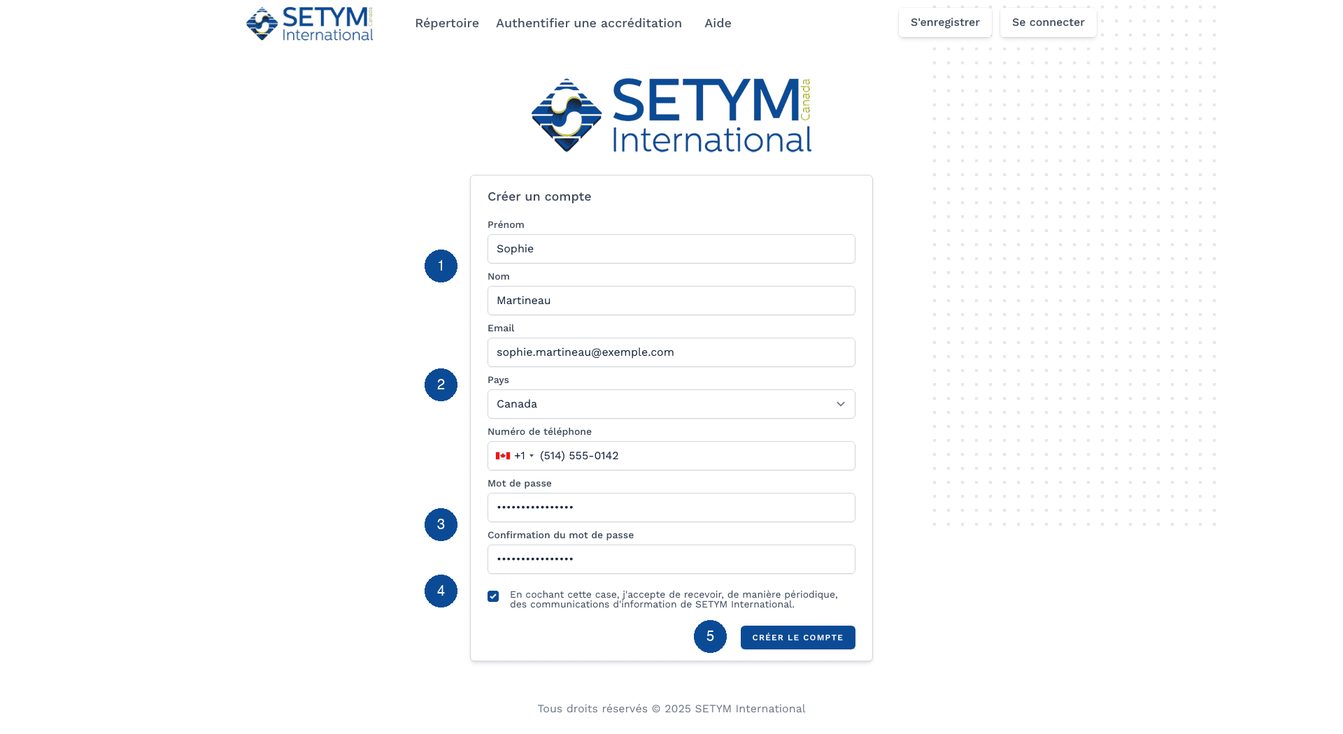 Formulaire d'inscription avec champs annotés