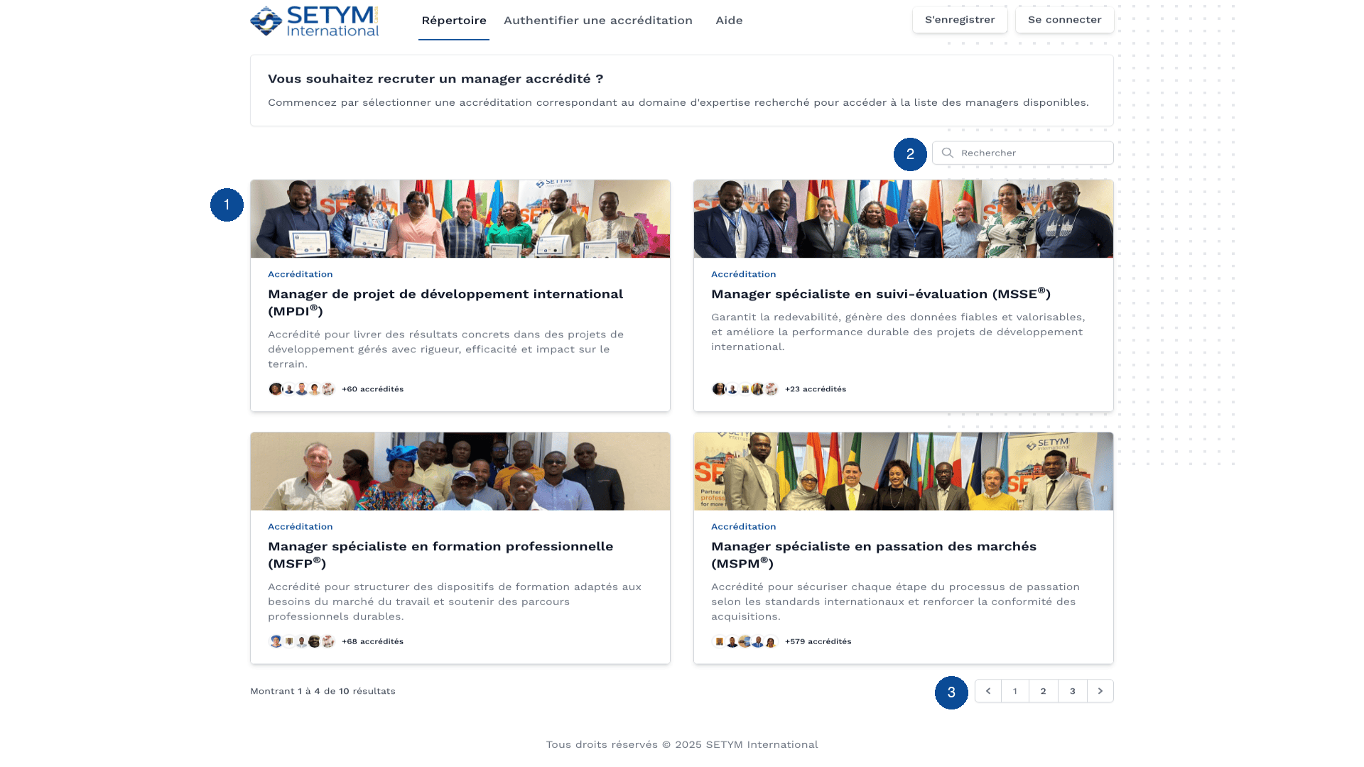 Page principale du répertoire avec types d'accréditations