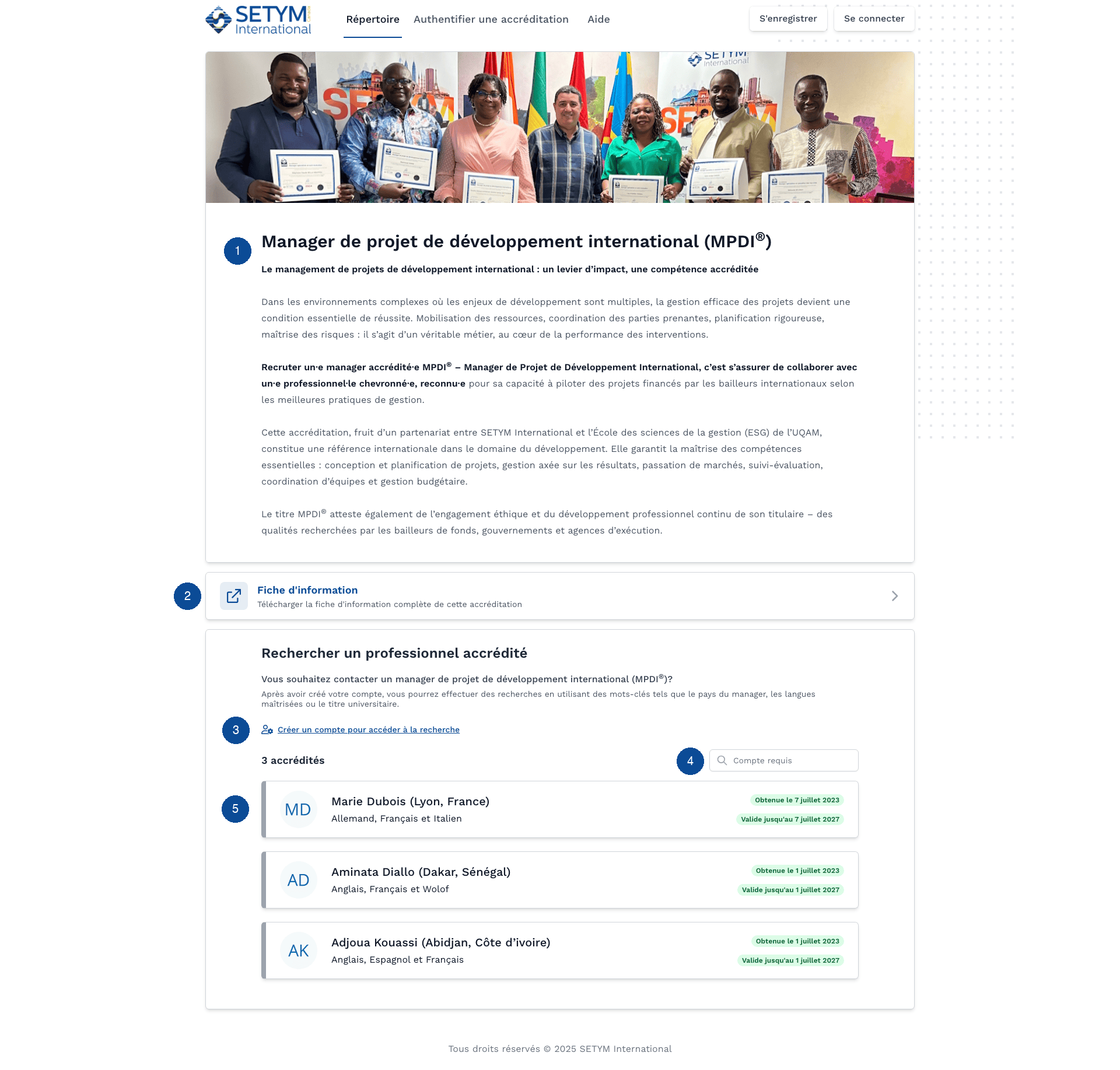 Page de détails d'un type d'accréditation avec liste des managers