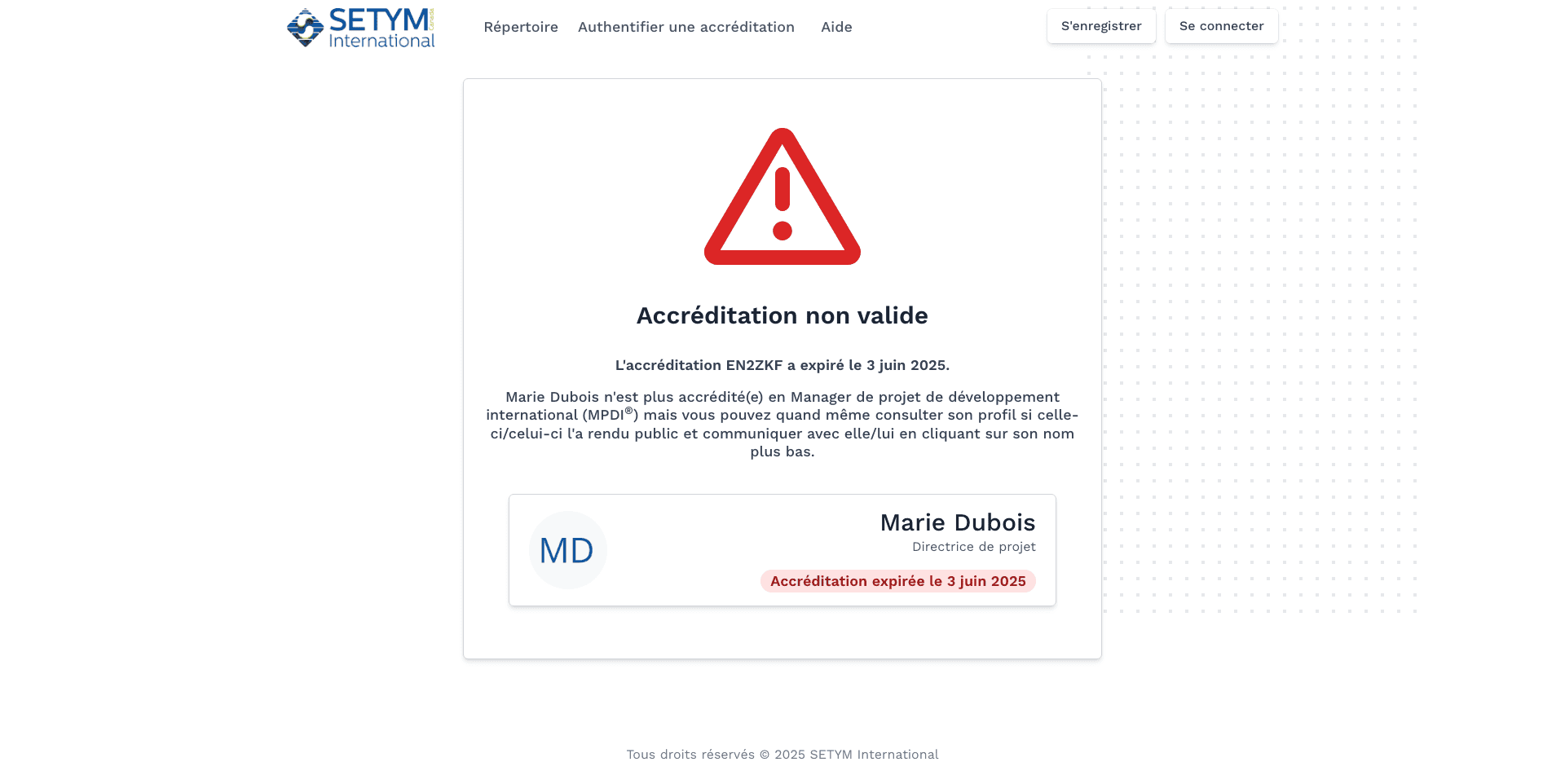 Résultat négatif de vérification d'accréditation